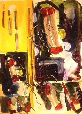 A painting of a person 's legs in red shorts on a yellow background.