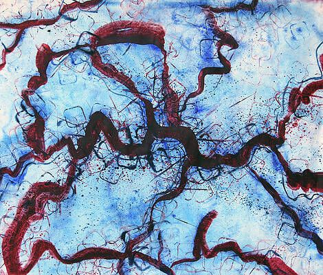 A close up of a blue and red painting