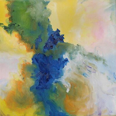 A close up of a colorful painting on a yellow and blue background.