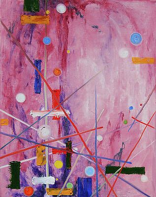 A pink painting with a lot of lines and circles on it.