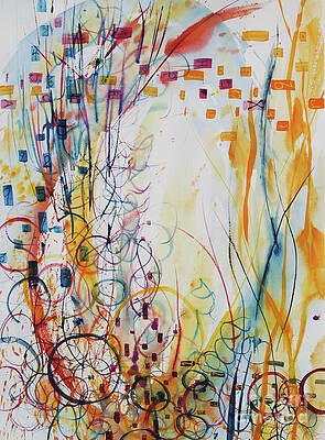 A colorful abstract painting with circles and lines on a white background.