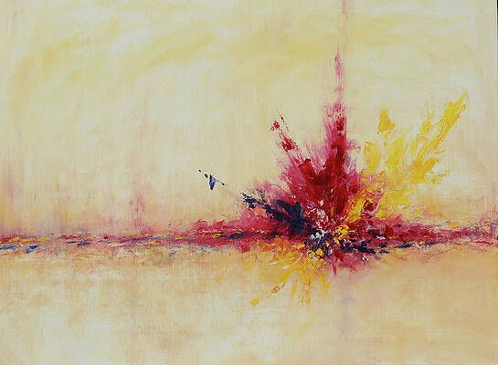 A painting of a red and yellow flower on a yellow background.