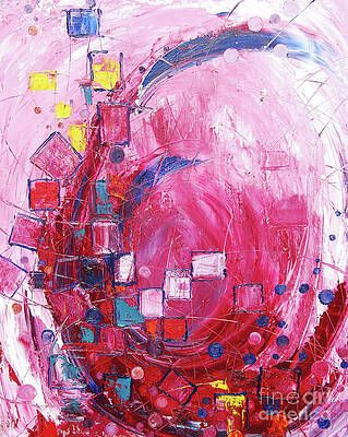 A close up of a painting of a pink and blue circle.