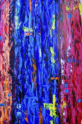 A close up of a colorful painting on a canvas.