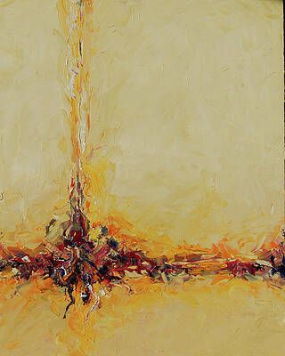 A close up of a painting with a yellow background and a red border.