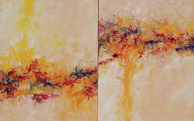 A close up of a colorful painting on a wall.