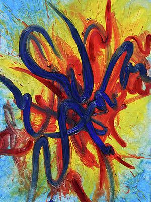 A close up of a colorful painting of a snake on a blue and yellow background.