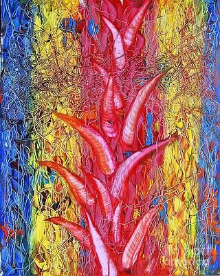 A colorful painting of a pineapple on a blue and yellow background.