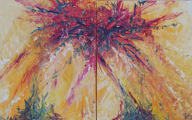 A painting of a flower with a lot of colors on it