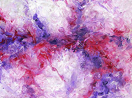A close up of a purple , red , and white painting.
