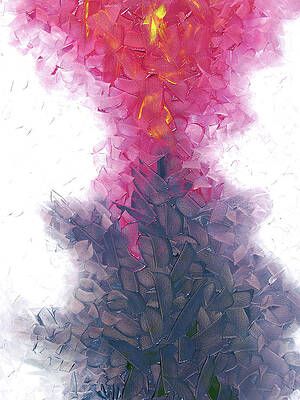 A painting of pink and purple flowers on a white background.