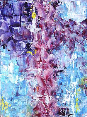 A close up of a painting of purple flowers on a blue background.