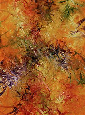 A close up of a painting of flowers on a yellow background.