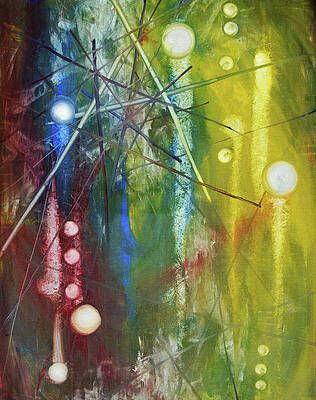 It is a painting of a colorful background with a lot of lines and circles.