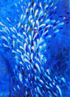 A painting of a flock of fish swimming in the ocean on a blue background.