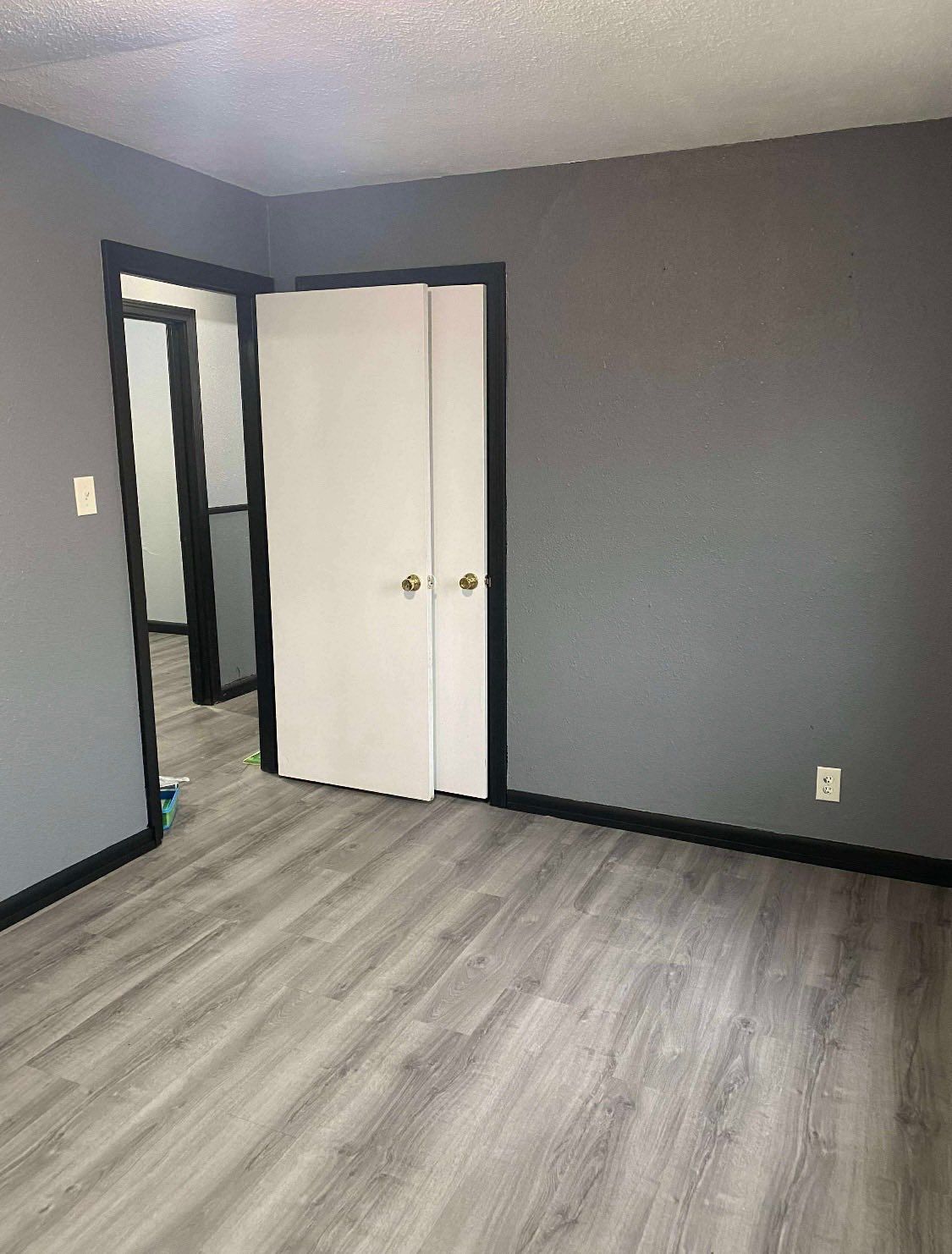 An empty room with gray walls, black trim, wood-look flooring, a white closet door, and an open doorway to a hallway.