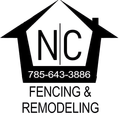 Logo for NC Fencing & Remodeling, featuring a house outline containing the letters "NC" and phone number 785-643-3886.
