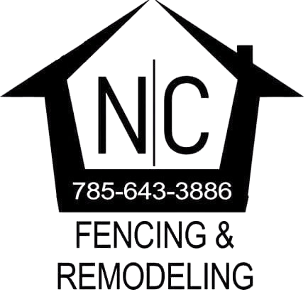 Logo for NC Fencing & Remodeling, featuring a house outline containing the letters "NC" and phone number 785-643-3886.