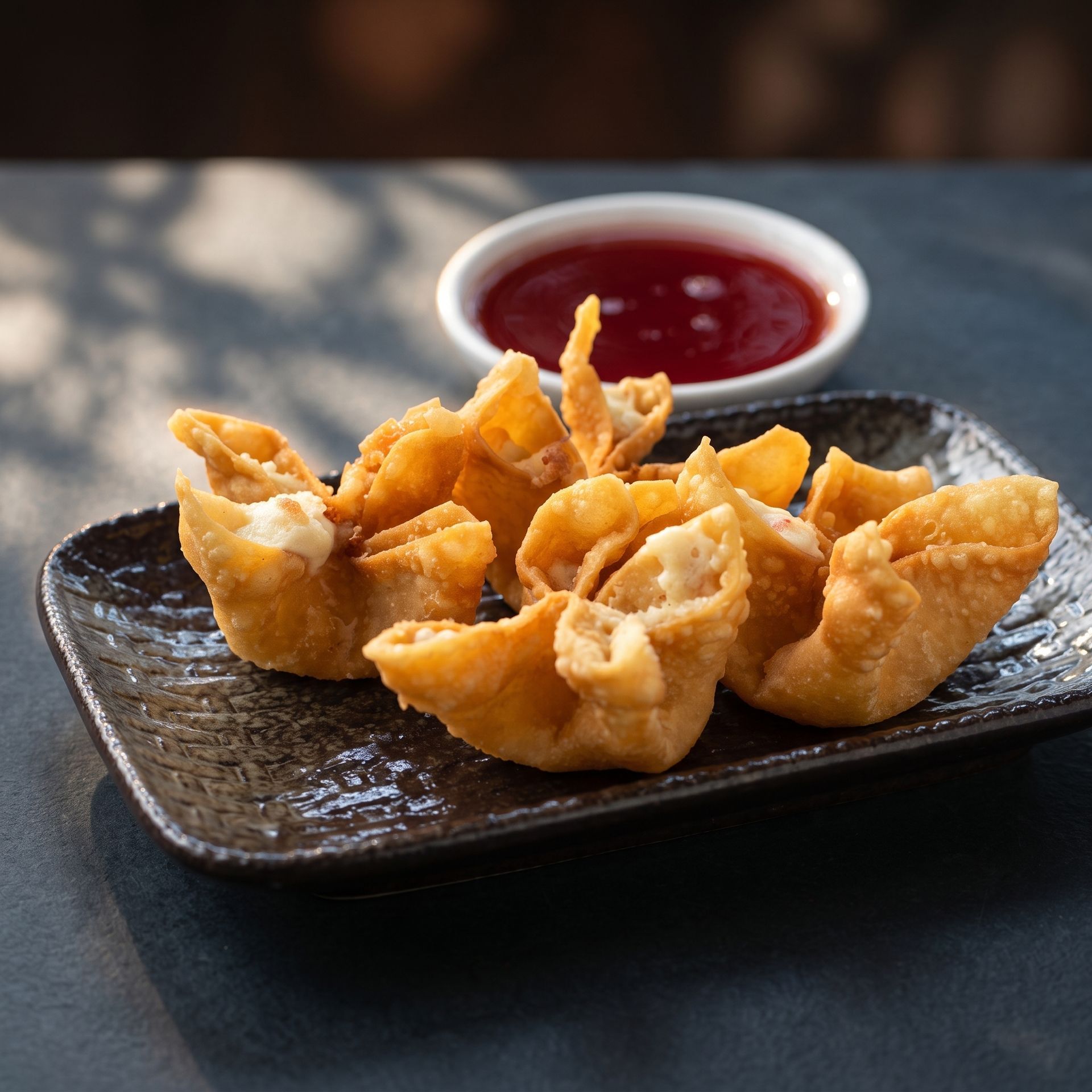 Golden fried wontons on a dark plate with a small bowl of red dipping sauce