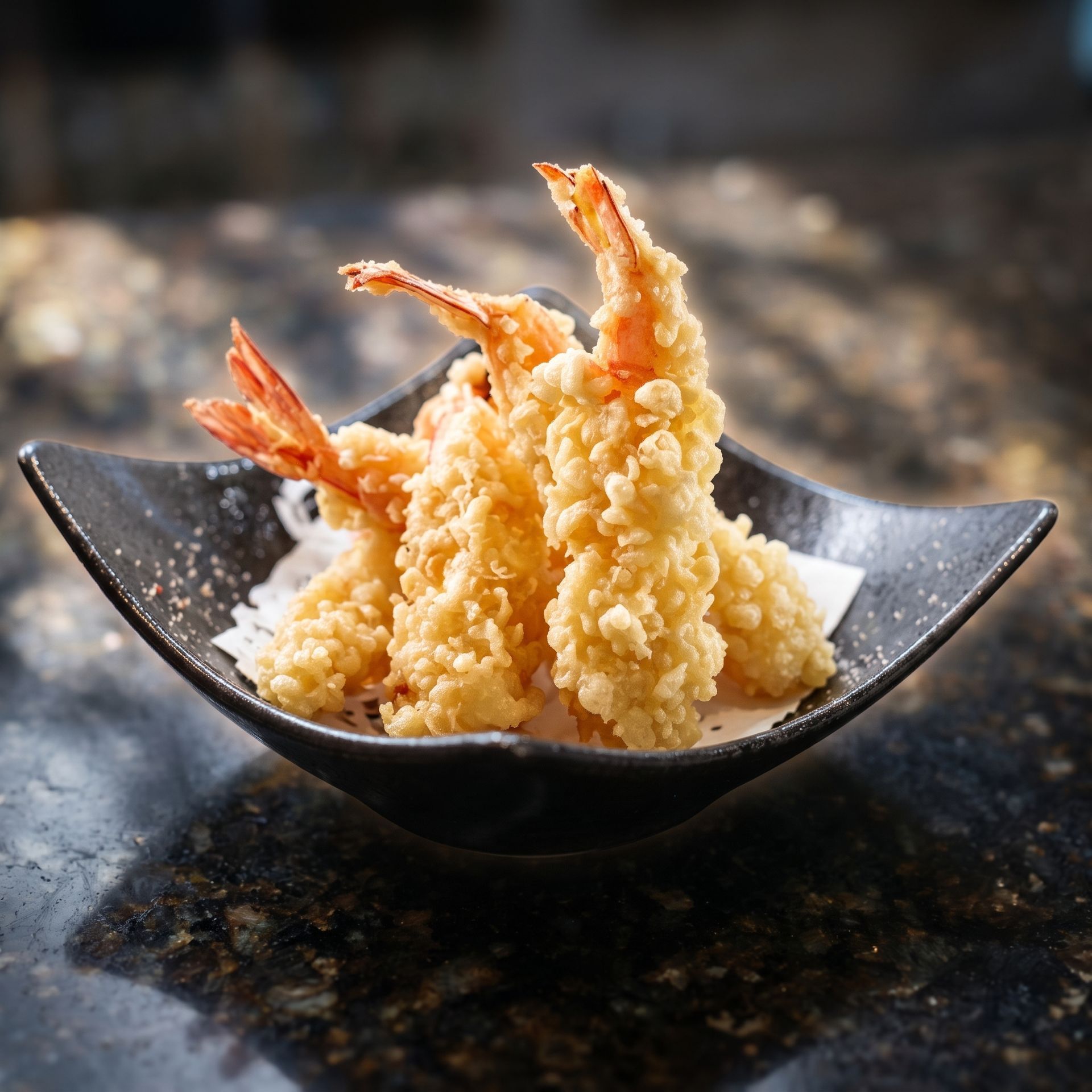 Crispy tempura shrimp served in a black bowl on a dark stone table