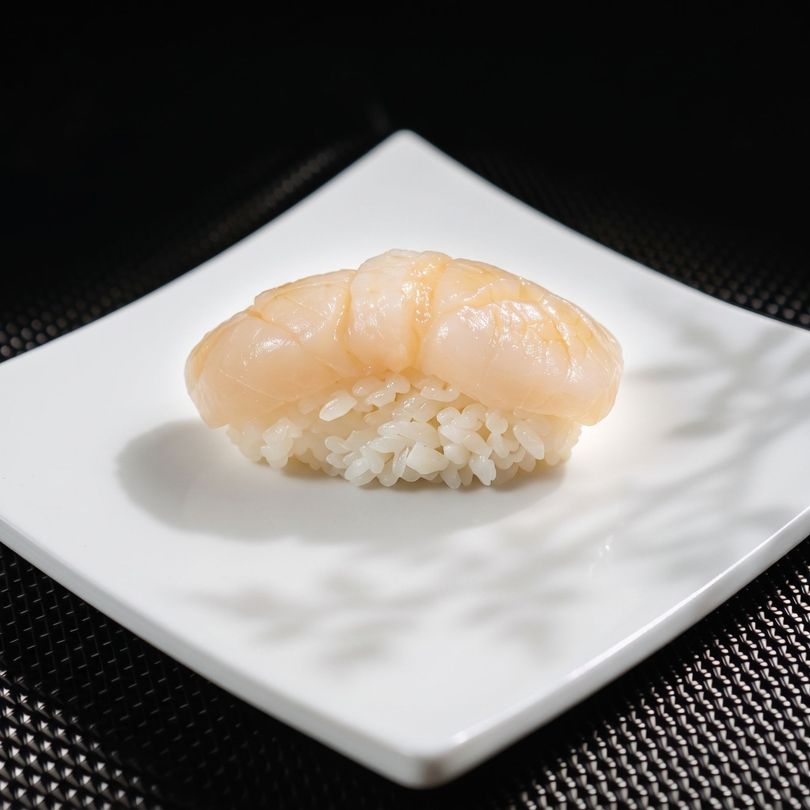 A piece of pale sushi nigiri on a white square plate against a dark background