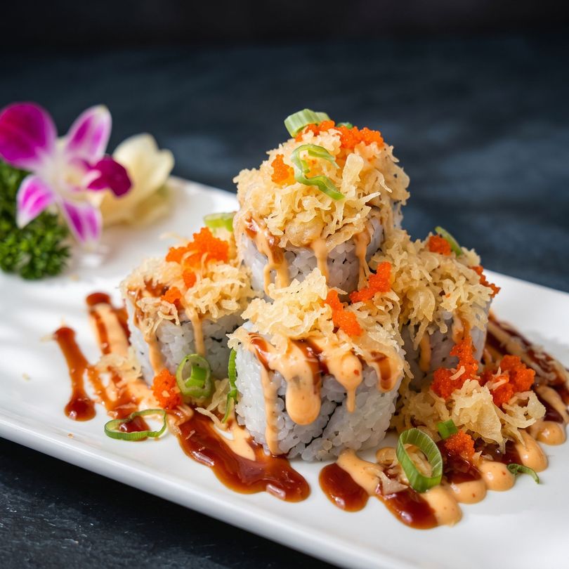 Sushi rolls topped with crispy tempura, sauces, and orange garnish on a white plate with orchid decoration