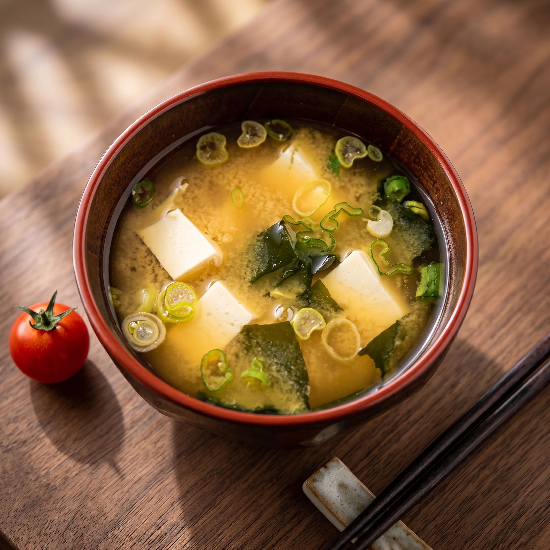 Miso soup with tofu, scallions, and seaweed in a red bowl, served on a wooden table with chopsticks.