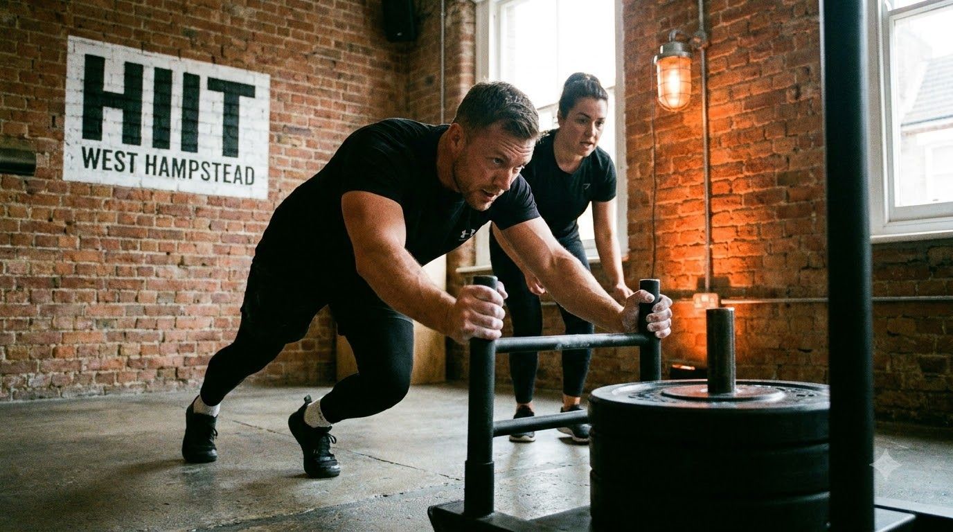 Coach demonstrating sled push technique in a Hyrox training class at HIIT West Hampstead