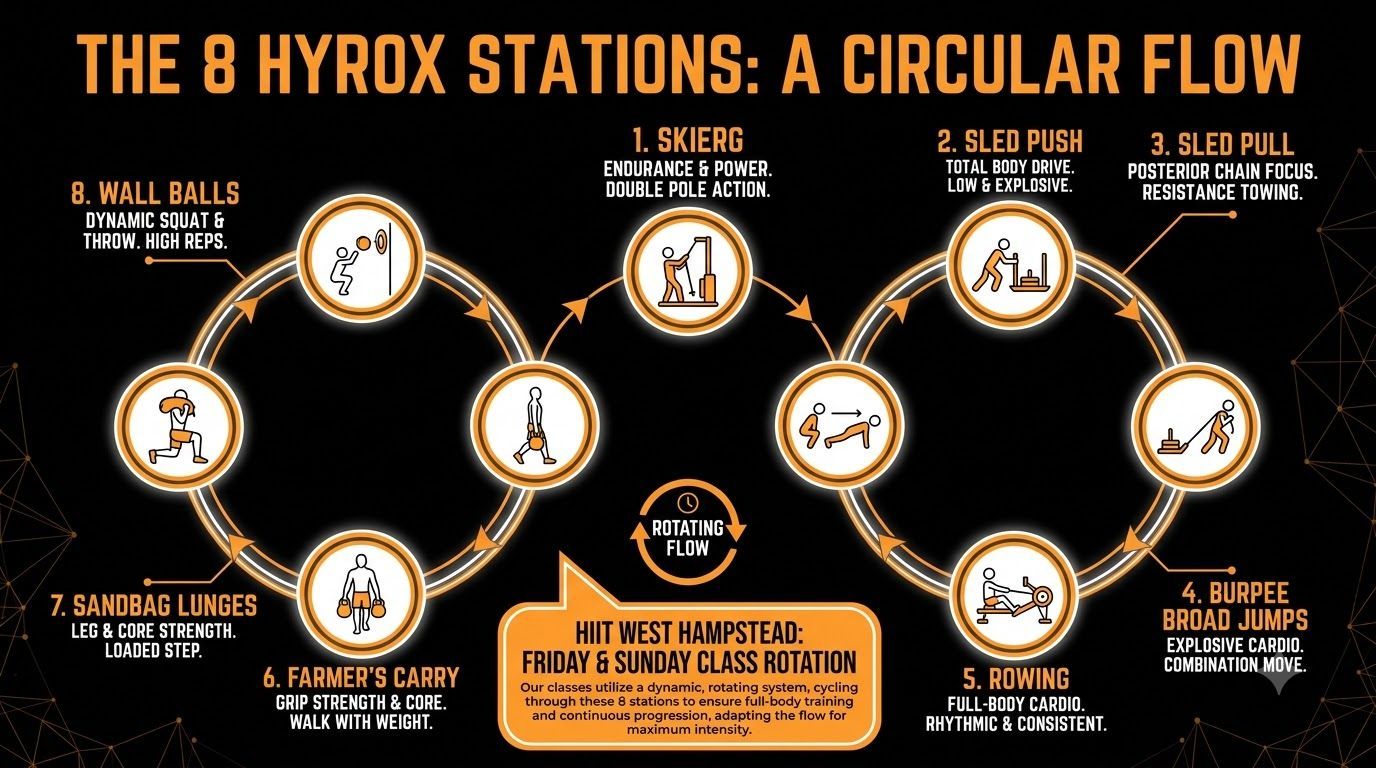 Infographic of the 8 Hyrox race stations used in HIIT West Hampstead's Hyrox classes