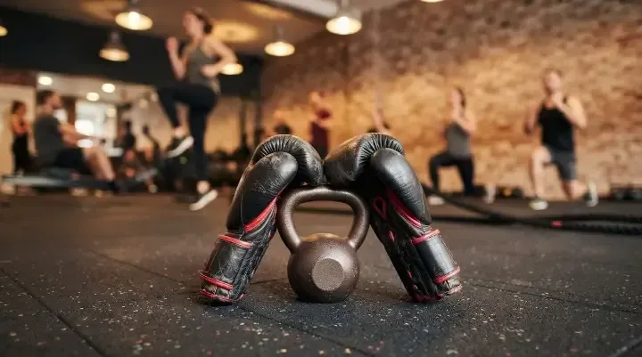 Boxing class vs HIIT: boxing gloves and kettlebells side by side in a gym