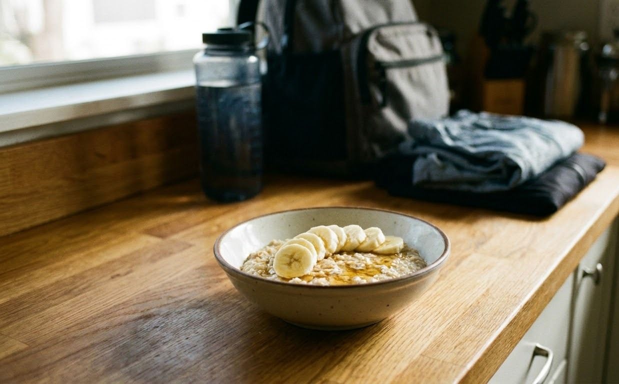 Porridge with banana and honey, a simple pre-workout meal before Hyrox training