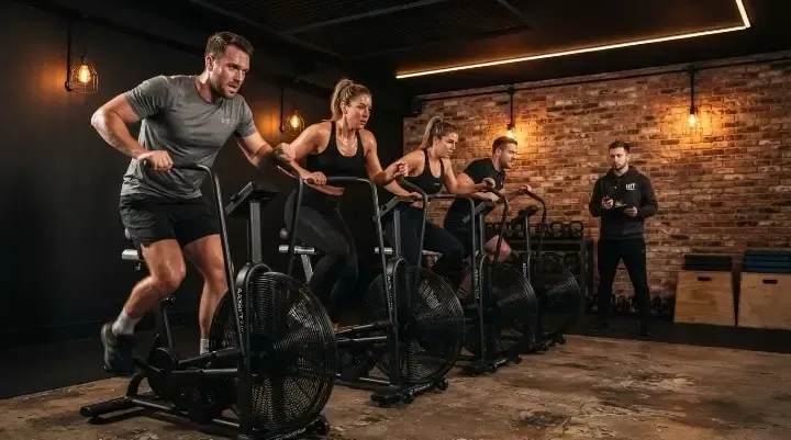 Members doing a high-intensity interval on assault bikes in a HIIT class in West Hampstead