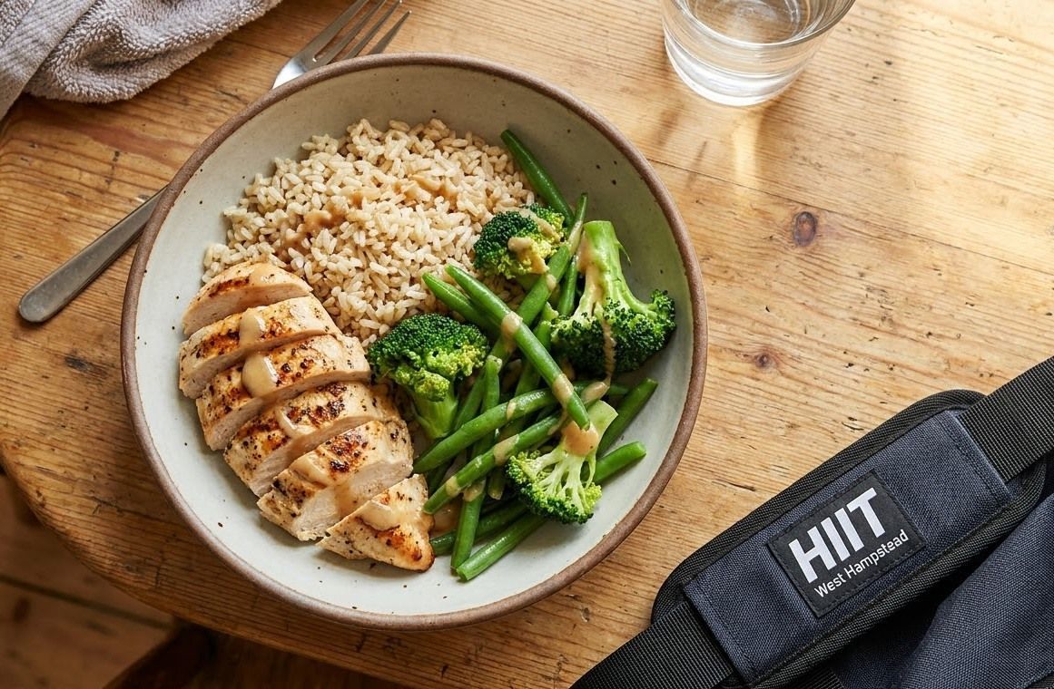 Chicken, rice and vegetables, a recovery meal after a Hyrox-style training session