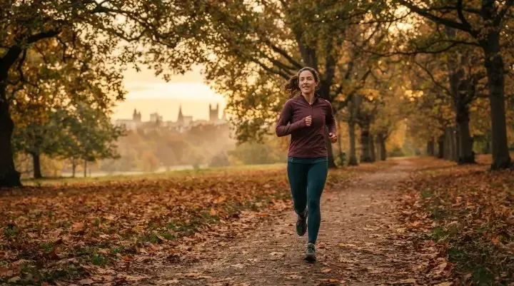 Runner on a London park path at sunrise comparing HIIT vs running for fat loss