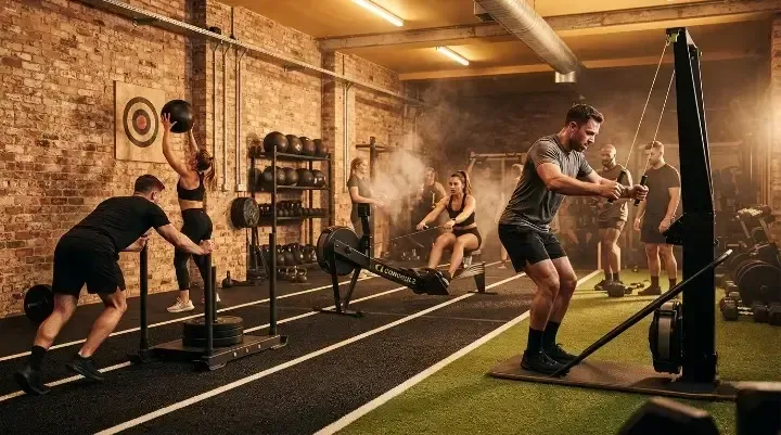 What is Hyrox? Group Hyrox training class with sleds, rowers and wall balls