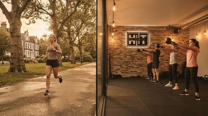 Split image comparing a runner mid-stride outdoors with a HIIT class doing kettlebell swings in the studio