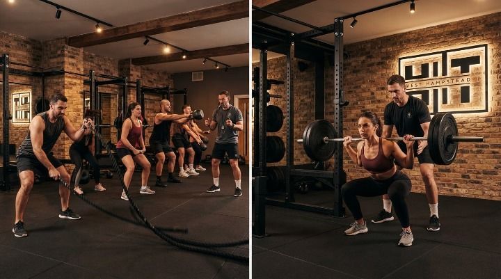 Split image: a HIIT circuit class mid-session next to a coach spotting a member on a barbell squat