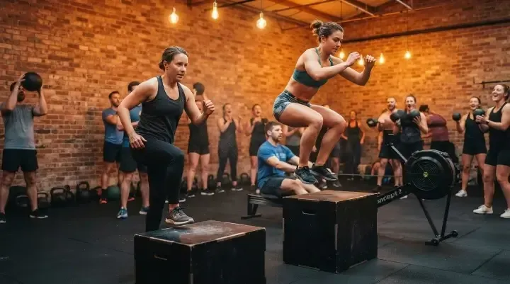 CrossFit-style class for beginners with members doing box step-ups and rowing