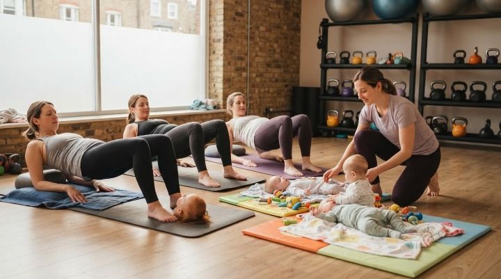 Coach adjusting an exercise for members of different ages and fitness levels in a fitness class in West Hampstead