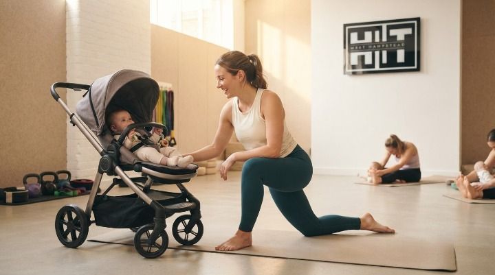 Smiling new mum stretching beside her baby in a pram at a postnatal and baby fitness class