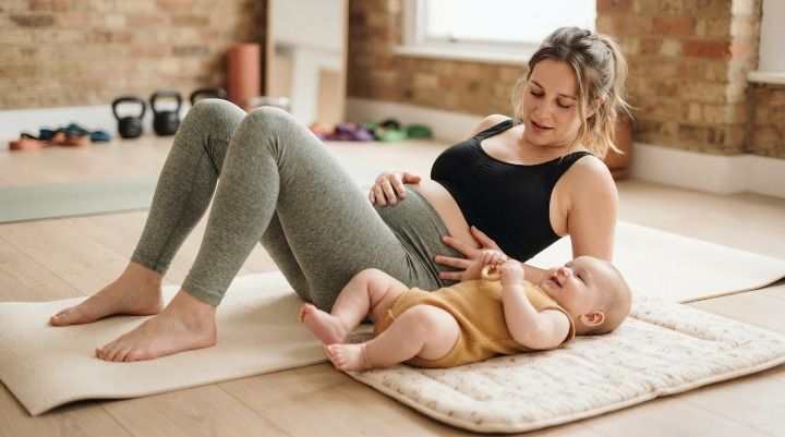 New mum stretching gently on a mat with her baby lying beside her during a postnatal fitness session