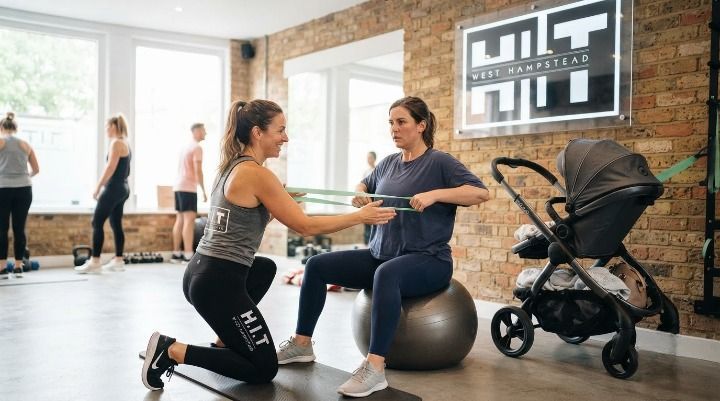 Coach at HIIT West Hampstead guiding a new mum through a pram-friendly postnatal workout