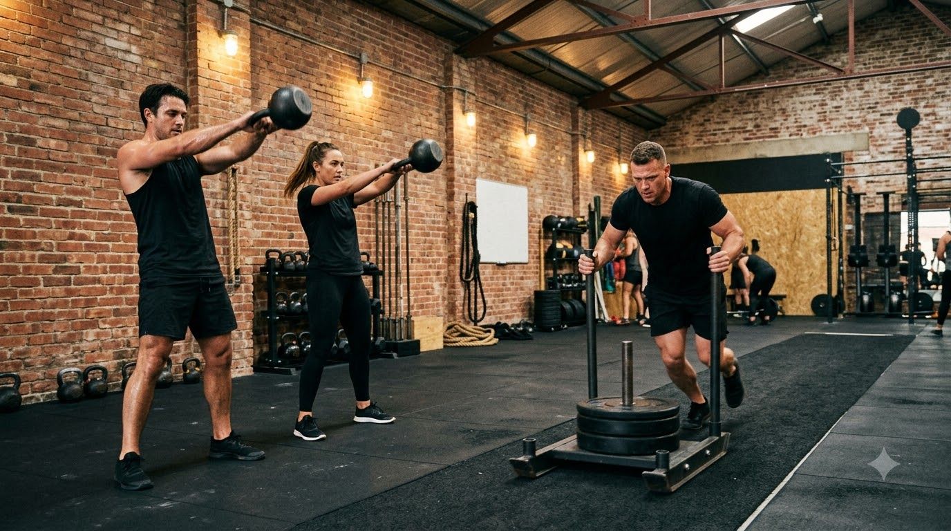 Members mid-workout during a coach-led functional strength session at HIIT West Hampstead's Crossfit West Hampstead studio