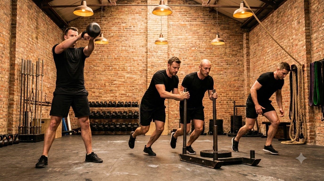 Members mid-workout during a coach-led functional strength session at HIIT West Hampstead's Crossfit