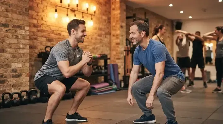 Beginner being guided through a HIIT exercise by a coach at HIIT West Hampstead