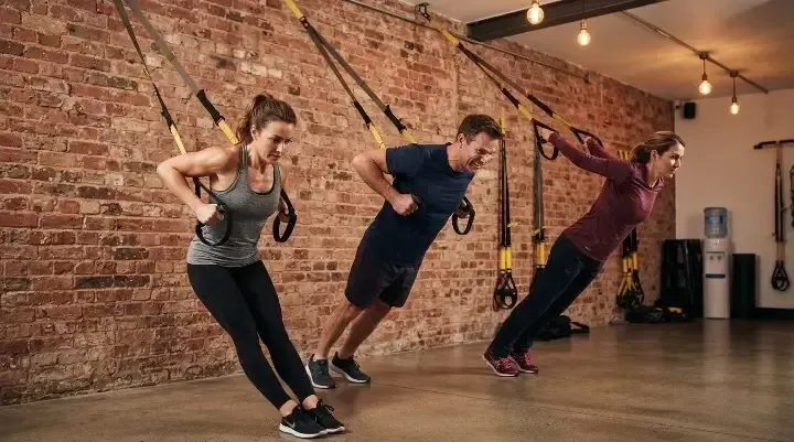 Members doing TRX suspension rows showing how HIIT builds muscle with bodyweight