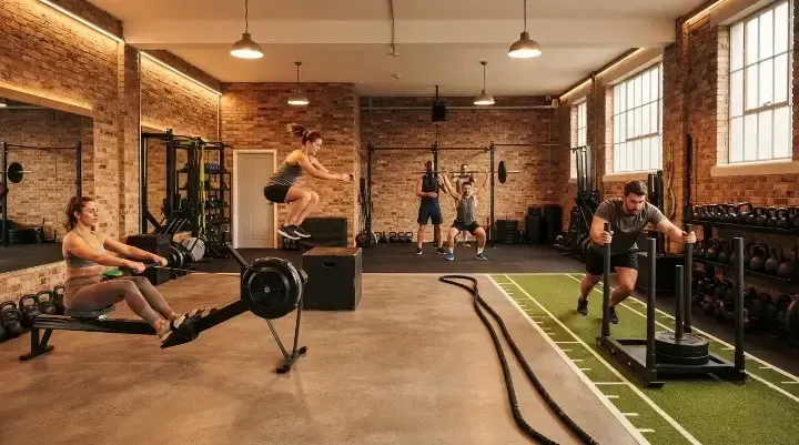 Members moving between training zones in a CrossFit-style POWER class at HIIT West Hampstead