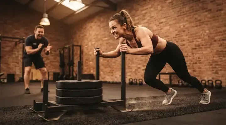 Member pushing a weighted sled during Hyrox training at HIIT West Hampstead