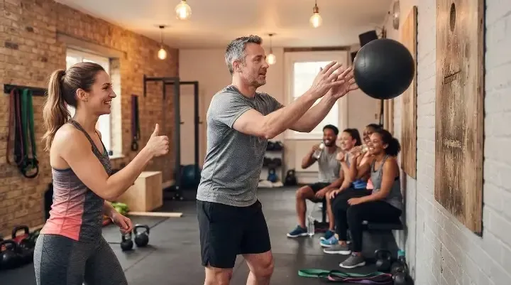 Beginner doing wall balls in a Hyrox class, showing you don't need to be fit to start
