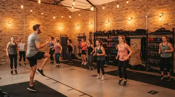 Coach leading a full HIIT class at a HIIT gym near me in West Hampstead